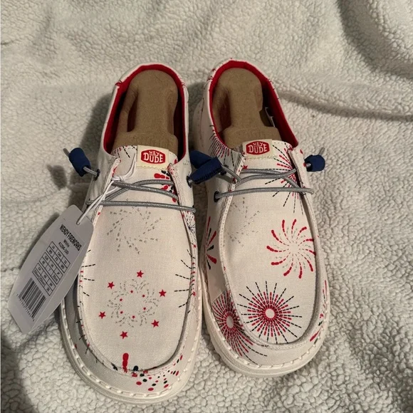 Hey Dude Women’s White Red Firework Slip-On Shoes - Picture 2 of 7